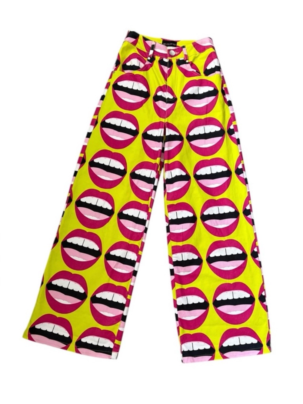 Hayley Elsassaer Bright Yellow Wide-Leg Pants with Pink Mouth Print